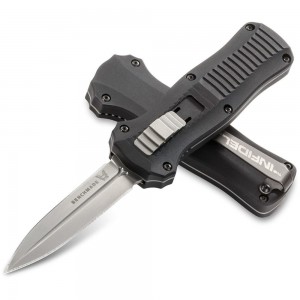 Benchmade 3350 Mini-Infidel Dagger AUTO OTF Knife 3.10&quot; D2 Satin Double Edge Blade, Black Aluminum Handles on Sale