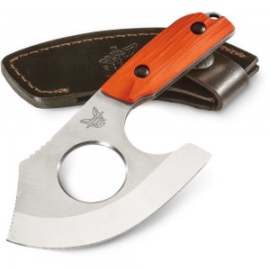 Benchmade Hunt 15100-1 Nestucca Cleaver Fixed 4.41&quot; S30V Blade with Finger Hole, Orange G10 Handles, Leather Sheath on Sale