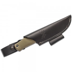 Benchmade 200 Puukko Fixed Blade Knife CPM-3V Satin, OD Green Santoprene Handle, Black Leather Sheath on Sale