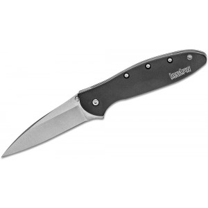 Kershaw 1660SWBLK Ken Onion Leek Assisted Flipper Knife 3&quot; Stonewashed Plain Blade, Black Aluminum Handles on Sale