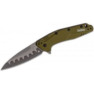 Kershaw 1812OLCB Dividend Assisted Flipper Knife 3&quot; N690 and D2 Composite Bead Blasted Plain Blade, Olive Aluminum Handles on Sale