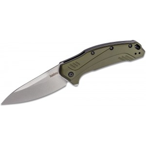 Kershaw 1776OLSW Link Assisted Flipper Knife 3.25&quot; CPM-20CV Stonewashed Plain Blade, Olive Aluminum Handles on Sale