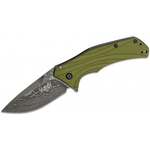 Kershaw 1870OLDAM Knockout Assisted Flipper Knife 3.25&quot; Damascus Blade, Olive Drab Aluminum Handles on Sale
