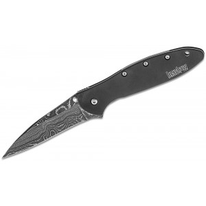 Kershaw 1660DAMBK Ken Onion Leek Assisted Flipper Knife 3&quot; Damascus Plain Blade, Black Stainless Steel Handles - KS1660DAMBK on Sale