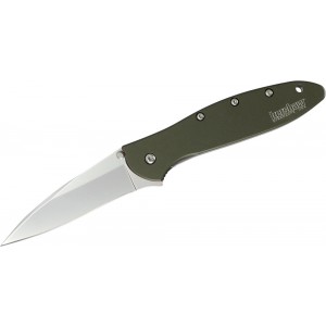 Kershaw 1660OL Ken Onion Leek Assisted Flipper Knife 3&quot; Bead Blast Plain Blade, OD Green Aluminum Handles on Sale